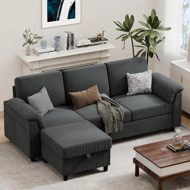 Main image of 79" Convertible Sectional Couches Sofa with Storage Ottoman, 3 Seat L Shaped Couch with Side Storage Pockage, Small Couches for Living Room, Apartment and Small Space, Grey