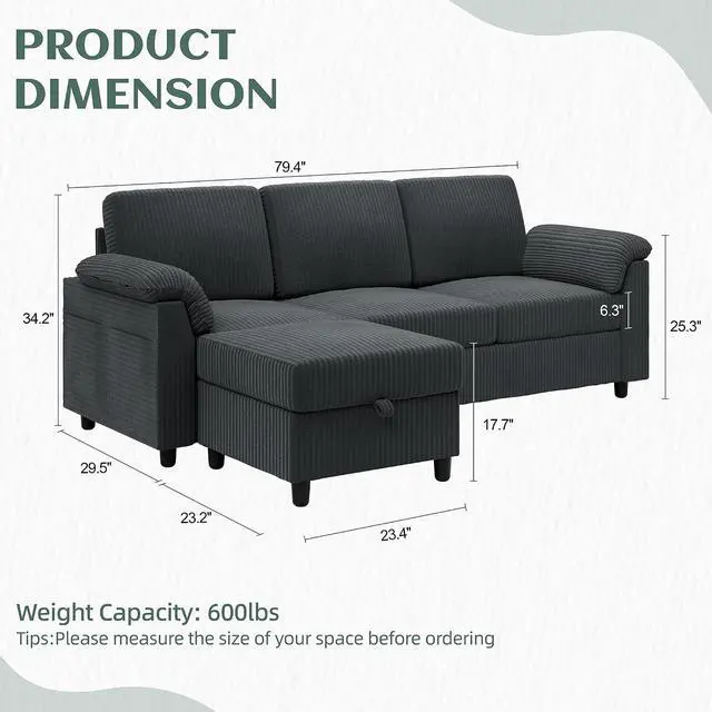 Alt view image 2 of 7 - 79" Convertible Sectional Couches Sofa with Storage Ottoman, 3 Seat L Shaped Couch with Side Storage Pockage, Small Couches for Living Room, Apartment and Small Space, Grey