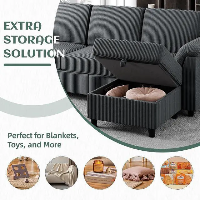 Alt view image 4 of 7 - 79" Convertible Sectional Couches Sofa with Storage Ottoman, 3 Seat L Shaped Couch with Side Storage Pockage, Small Couches for Living Room, Apartment and Small Space, Grey