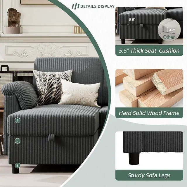 Alt view image 3 of 7 - 79" Convertible Sectional Couches Sofa with Storage Ottoman, 3 Seat L Shaped Couch with Side Storage Pockage, Small Couches for Living Room, Apartment and Small Space, Grey