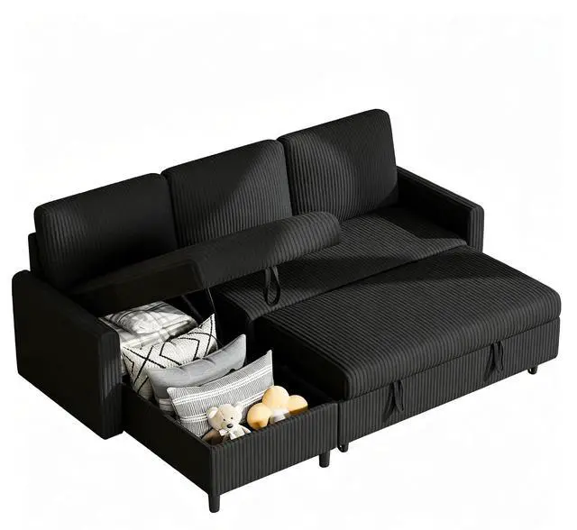 Alt view image 7 of 7 - Convertible Sofa Bed with Storage for Small Space, Black Corduroy | Pull Out Couch with Storage , 77" L-Shaped Sleeper Sofa Bed with Storage Chaise Corduroy Fabric for Living Room, Apartment