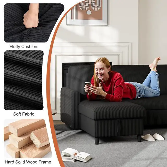 Alt view image 6 of 7 - Convertible Sofa Bed with Storage for Small Space, Black Corduroy | Pull Out Couch with Storage , 77" L-Shaped Sleeper Sofa Bed with Storage Chaise Corduroy Fabric for Living Room, Apartment