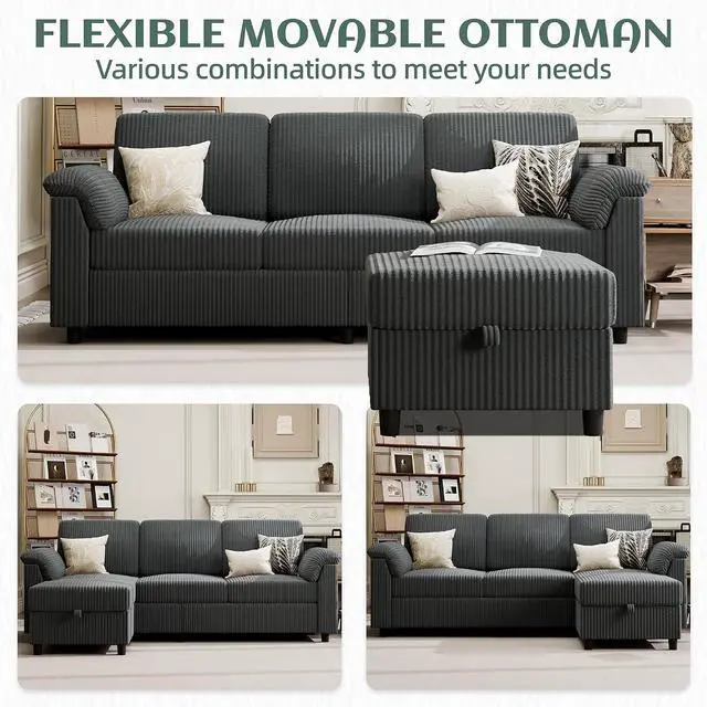 Alt view image 7 of 7 - 79" Convertible Sectional Couches Sofa with Storage Ottoman, 3 Seat L Shaped Couch with Side Storage Pockage, Small Couches for Living Room, Apartment and Small Space, Grey