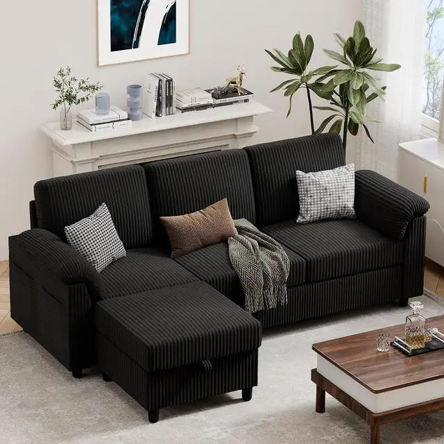 Main image of 79" Convertible Sectional Couch Sofa with Storage Ottoman, 3 Seat L Shaped Couch with Side Storage Pockage, Small Couches for Living Room, Apartment and Small Space, Black