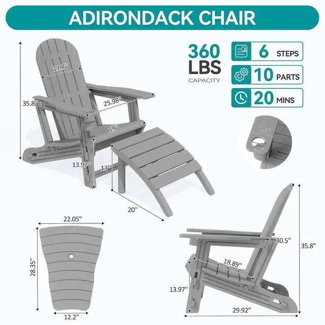 Alt view image 3 of 7 - Adirondack Chairs Set of 2 with Removable Tabletop and Footrest, HDPE Plastic Outdoor Chair Set with Wooden Textured, Cup Holder for Patio, Poolside, Garden, Light Grey, 5 Pieces