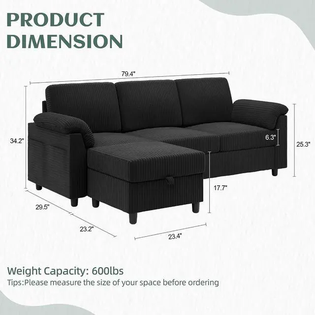 Alt view image 2 of 7 - 79" Convertible Sectional Couch Sofa with Storage Ottoman, 3 Seat L Shaped Couch with Side Storage Pockage, Small Couches for Living Room, Apartment and Small Space, Black