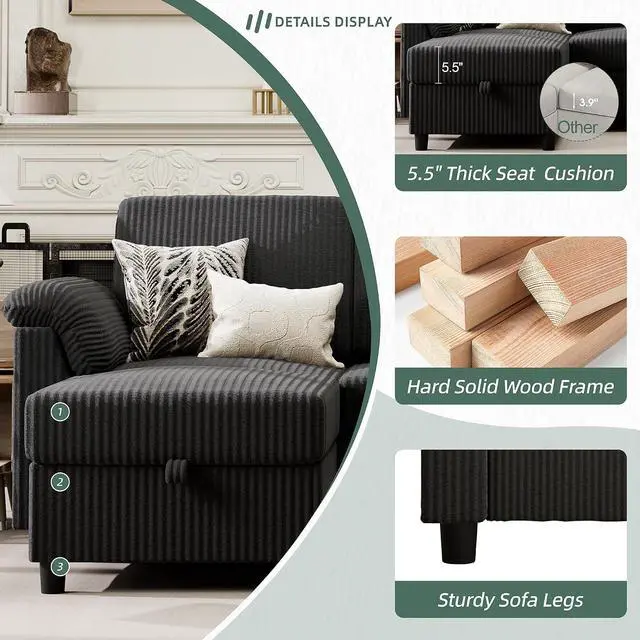 Alt view image 3 of 7 - 79" Convertible Sectional Couch Sofa with Storage Ottoman, 3 Seat L Shaped Couch with Side Storage Pockage, Small Couches for Living Room, Apartment and Small Space, Black