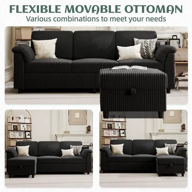 Alt view image 5 of 7 - 79" Convertible Sectional Couch Sofa with Storage Ottoman, 3 Seat L Shaped Couch with Side Storage Pockage, Small Couches for Living Room, Apartment and Small Space, Black