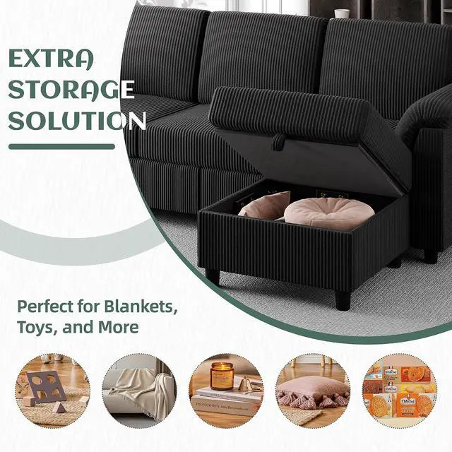 Alt view image 4 of 7 - 79" Convertible Sectional Couch Sofa with Storage Ottoman, 3 Seat L Shaped Couch with Side Storage Pockage, Small Couches for Living Room, Apartment and Small Space, Black