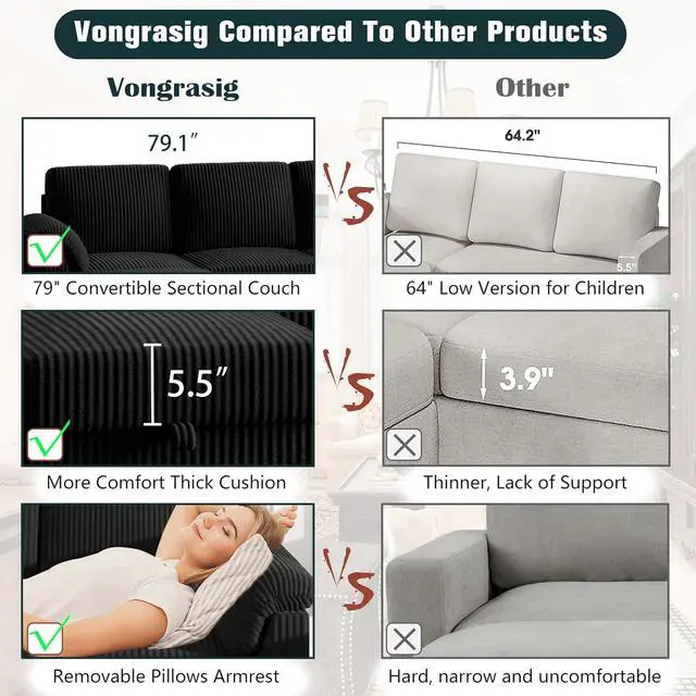 Alt view image 6 of 7 - 79" Convertible Sectional Couch Sofa with Storage Ottoman, 3 Seat L Shaped Couch with Side Storage Pockage, Small Couches for Living Room, Apartment and Small Space, Black