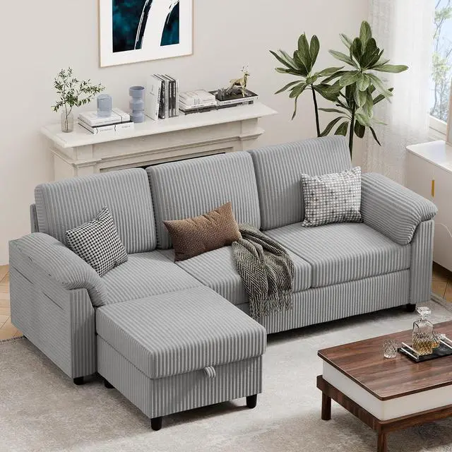 Main image of 79" Convertible Sectional Couch Sofa with Storage Ottoman, 3 Seat L Shaped Couch with Side Storage Pockage, Small Couches for Living Room, Apartment and Small Space (Light Grey)