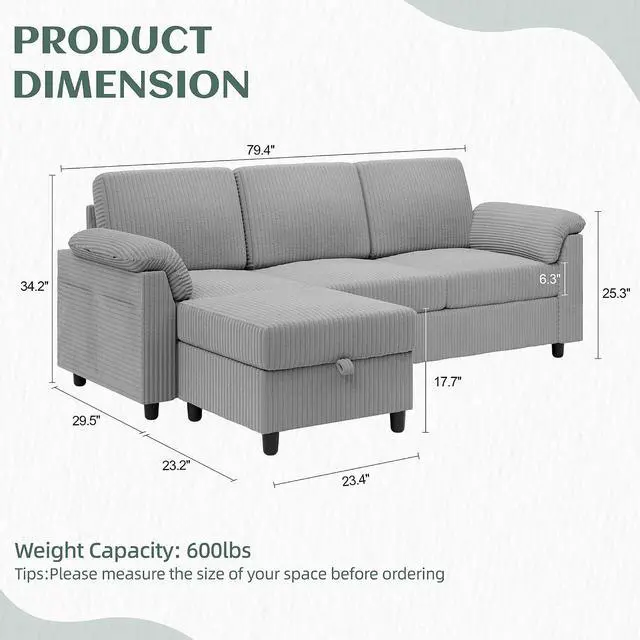 Alt view image 2 of 7 - 79" Convertible Sectional Couch Sofa with Storage Ottoman, 3 Seat L Shaped Couch with Side Storage Pockage, Small Couches for Living Room, Apartment and Small Space (Light Grey)