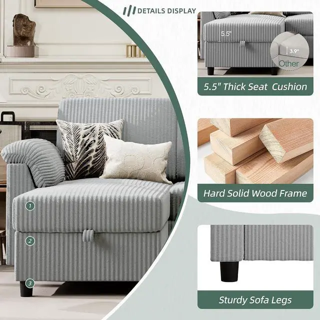 Alt view image 3 of 7 - 79" Convertible Sectional Couch Sofa with Storage Ottoman, 3 Seat L Shaped Couch with Side Storage Pockage, Small Couches for Living Room, Apartment and Small Space (Light Grey)