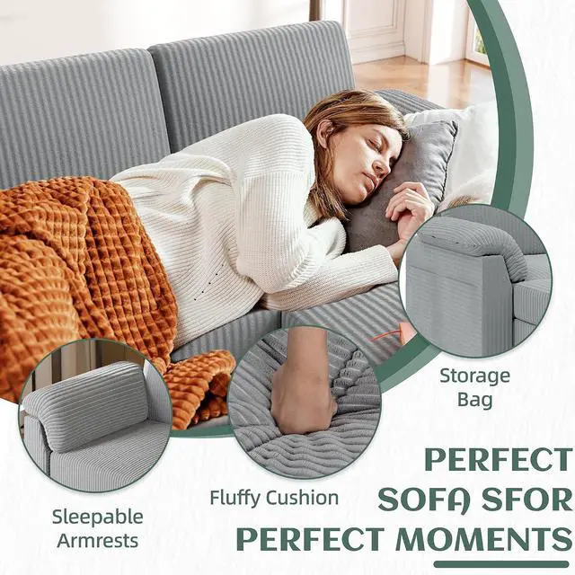Alt view image 4 of 7 - 79" Convertible Sectional Couch Sofa with Storage Ottoman, 3 Seat L Shaped Couch with Side Storage Pockage, Small Couches for Living Room, Apartment and Small Space (Light Grey)