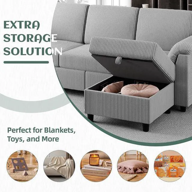 Alt view image 6 of 7 - 79" Convertible Sectional Couch Sofa with Storage Ottoman, 3 Seat L Shaped Couch with Side Storage Pockage, Small Couches for Living Room, Apartment and Small Space (Light Grey)