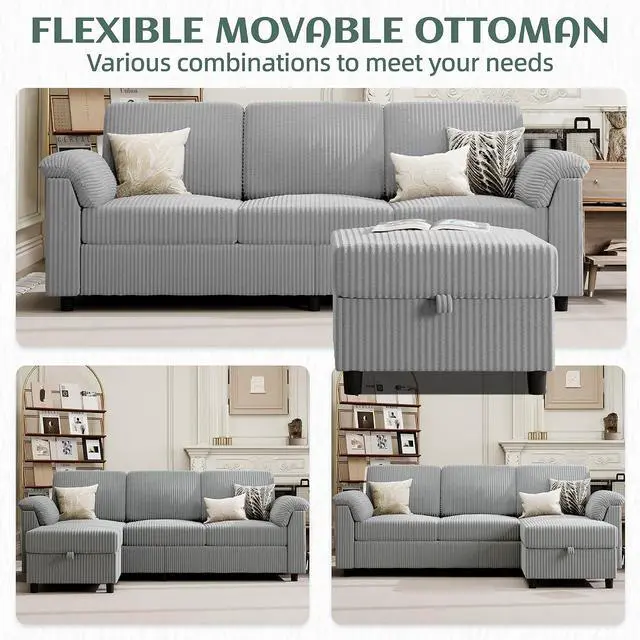 Alt view image 7 of 7 - 79" Convertible Sectional Couch Sofa with Storage Ottoman, 3 Seat L Shaped Couch with Side Storage Pockage, Small Couches for Living Room, Apartment and Small Space (Light Grey)