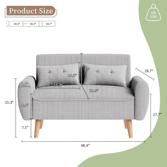 Alt view image 2 of 7 - 48" Small Modern Loveseat Sofa, Mid Century Soft Corduroy Fabric 2-Seat Sofa Couch Tufted Love Seat with Back Cushions and Tapered Legs for Living Room, Bedroom and Small Space (Light Gray)