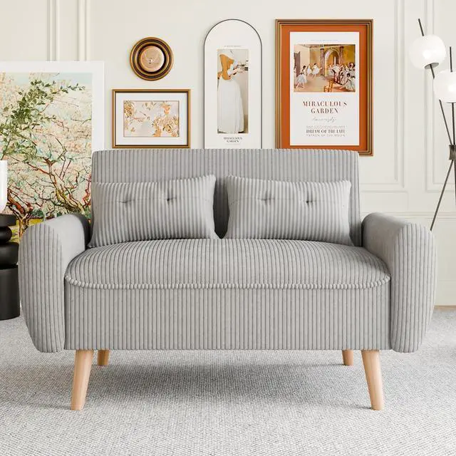 Main image of 48" Small Modern Loveseat Sofa, Mid Century Soft Corduroy Fabric 2-Seat Sofa Couch Tufted Love Seat with Back Cushions and Tapered Legs for Living Room, Bedroom and Small Space (Light Gray)
