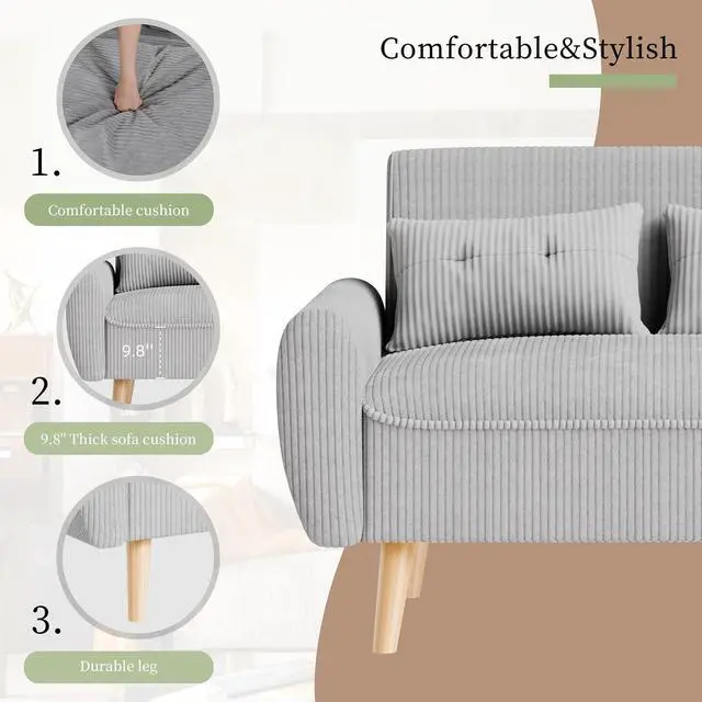 Alt view image 3 of 7 - 48" Small Modern Loveseat Sofa, Mid Century Soft Corduroy Fabric 2-Seat Sofa Couch Tufted Love Seat with Back Cushions and Tapered Legs for Living Room, Bedroom and Small Space (Light Gray)