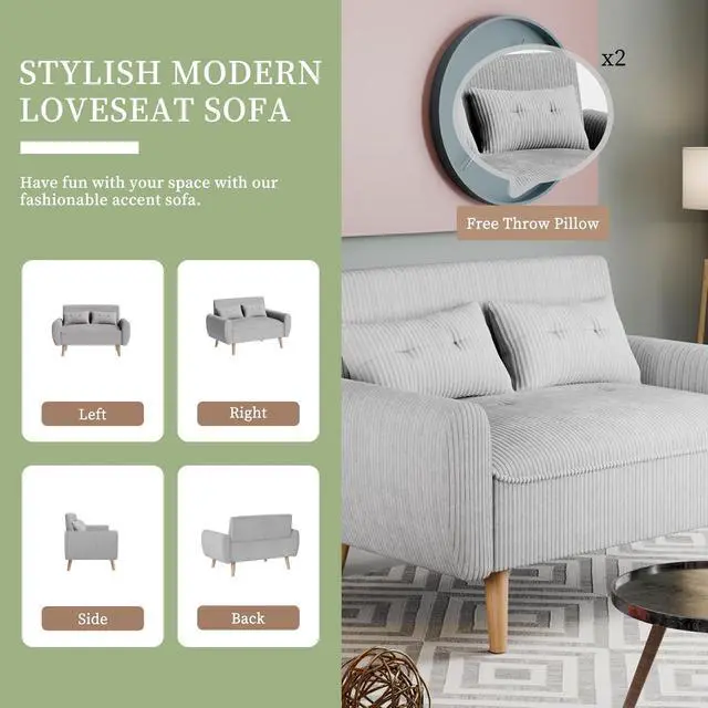 Alt view image 4 of 7 - 48" Small Modern Loveseat Sofa, Mid Century Soft Corduroy Fabric 2-Seat Sofa Couch Tufted Love Seat with Back Cushions and Tapered Legs for Living Room, Bedroom and Small Space (Light Gray)