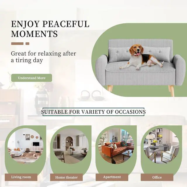 Alt view image 5 of 7 - 48" Small Modern Loveseat Sofa, Mid Century Soft Corduroy Fabric 2-Seat Sofa Couch Tufted Love Seat with Back Cushions and Tapered Legs for Living Room, Bedroom and Small Space (Light Gray)