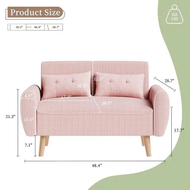 Alt view image 2 of 7 - 47" Small Modern Loveseat Sofa, Mid Century Soft Corduroy Fabric 2-Seat Sofa Couch Tufted Love Seat with Back Cushions and Tapered Legs for Living Room, Bedroom and Small Space (Pink)