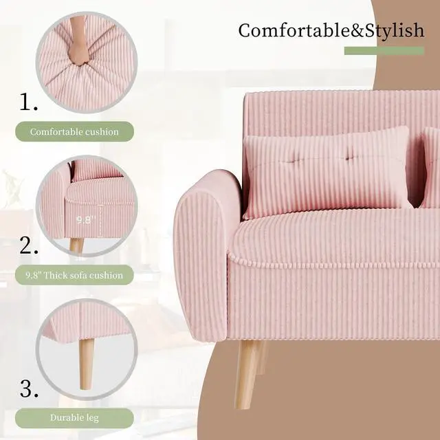 Alt view image 3 of 7 - 47" Small Modern Loveseat Sofa, Mid Century Soft Corduroy Fabric 2-Seat Sofa Couch Tufted Love Seat with Back Cushions and Tapered Legs for Living Room, Bedroom and Small Space (Pink)