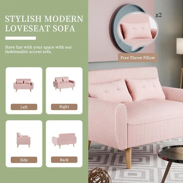 Alt view image 4 of 7 - 47" Small Modern Loveseat Sofa, Mid Century Soft Corduroy Fabric 2-Seat Sofa Couch Tufted Love Seat with Back Cushions and Tapered Legs for Living Room, Bedroom and Small Space (Pink)