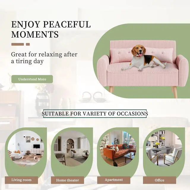 Alt view image 5 of 7 - 47" Small Modern Loveseat Sofa, Mid Century Soft Corduroy Fabric 2-Seat Sofa Couch Tufted Love Seat with Back Cushions and Tapered Legs for Living Room, Bedroom and Small Space (Pink)
