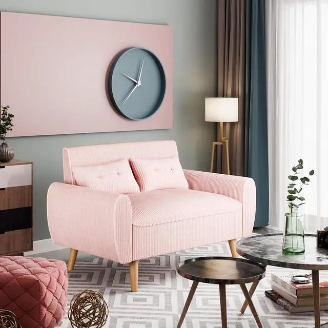 Alt view image 7 of 7 - 47" Small Modern Loveseat Sofa, Mid Century Soft Corduroy Fabric 2-Seat Sofa Couch Tufted Love Seat with Back Cushions and Tapered Legs for Living Room, Bedroom and Small Space (Pink)