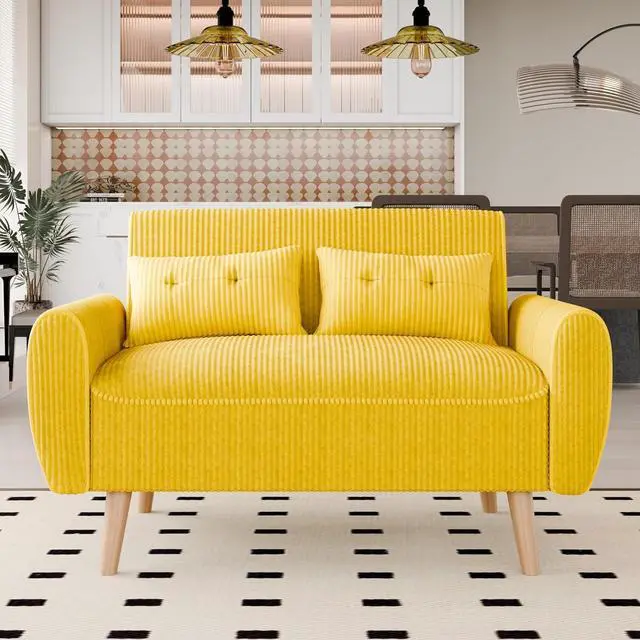 Main image of 48" Small Modern Loveseat Sofa, Mid Century Soft Corduroy Fabric 2-Seat Sofa Couch Tufted Love Seat with Back Cushions and Tapered Legs for Living Room, Bedroom and Small Space (Yellow)