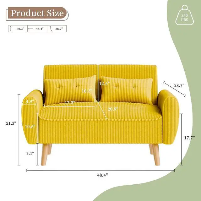 Alt view image 2 of 7 - 48" Small Modern Loveseat Sofa, Mid Century Soft Corduroy Fabric 2-Seat Sofa Couch Tufted Love Seat with Back Cushions and Tapered Legs for Living Room, Bedroom and Small Space (Yellow)
