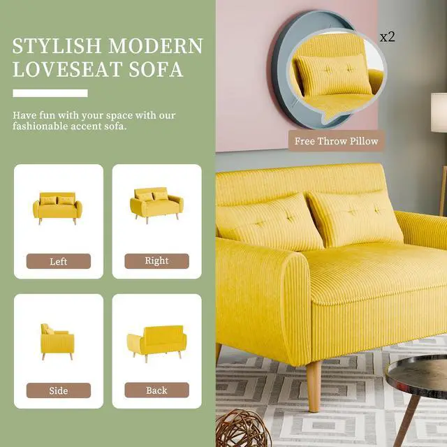 Alt view image 4 of 7 - 48" Small Modern Loveseat Sofa, Mid Century Soft Corduroy Fabric 2-Seat Sofa Couch Tufted Love Seat with Back Cushions and Tapered Legs for Living Room, Bedroom and Small Space (Yellow)