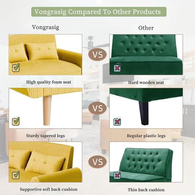 Alt view image 5 of 7 - 48" Small Modern Loveseat Sofa, Mid Century Soft Corduroy Fabric 2-Seat Sofa Couch Tufted Love Seat with Back Cushions and Tapered Legs for Living Room, Bedroom and Small Space (Yellow)