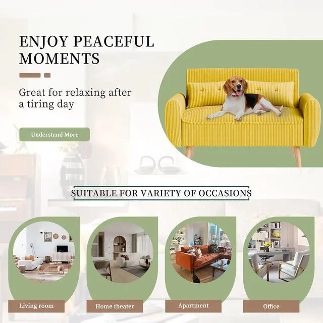Alt view image 6 of 7 - 48" Small Modern Loveseat Sofa, Mid Century Soft Corduroy Fabric 2-Seat Sofa Couch Tufted Love Seat with Back Cushions and Tapered Legs for Living Room, Bedroom and Small Space (Yellow)