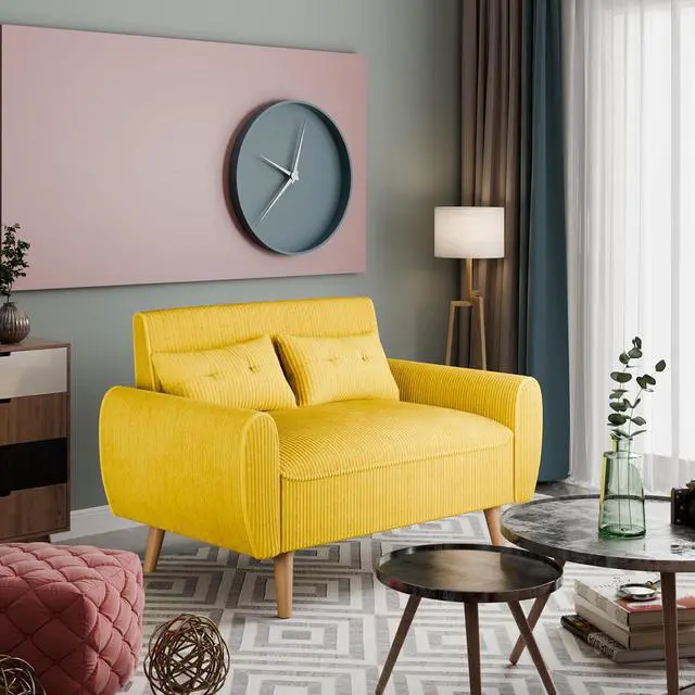 Alt view image 7 of 7 - 48" Small Modern Loveseat Sofa, Mid Century Soft Corduroy Fabric 2-Seat Sofa Couch Tufted Love Seat with Back Cushions and Tapered Legs for Living Room, Bedroom and Small Space (Yellow)