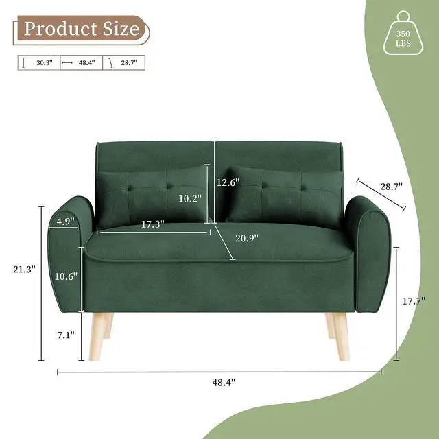 Alt view image 2 of 7 - 47" Small Modern Loveseat Sofa, Mid Century Linen Fabric 2-Seat Sofa Couch Tufted Love Seat with Back Cushions and Tapered Legs for Living Room, Bedroom and Small Space (Green)