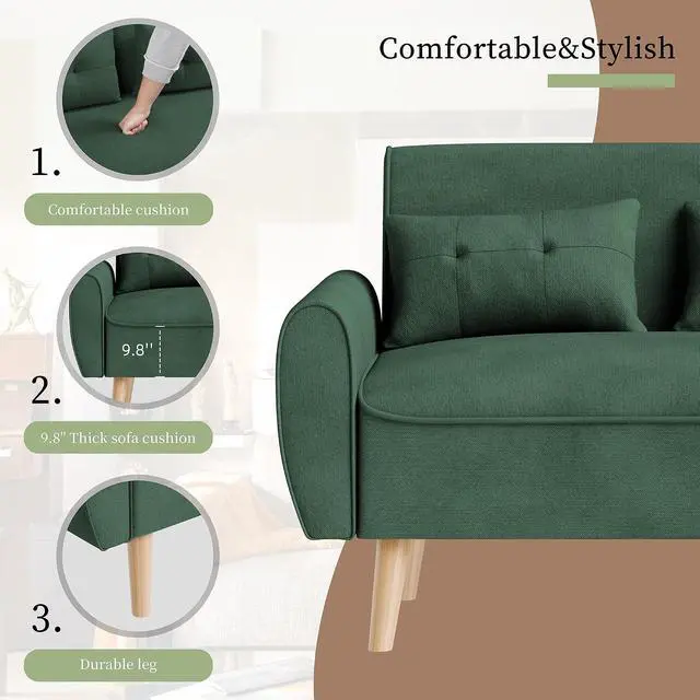 Alt view image 3 of 7 - 47" Small Modern Loveseat Sofa, Mid Century Linen Fabric 2-Seat Sofa Couch Tufted Love Seat with Back Cushions and Tapered Legs for Living Room, Bedroom and Small Space (Green)