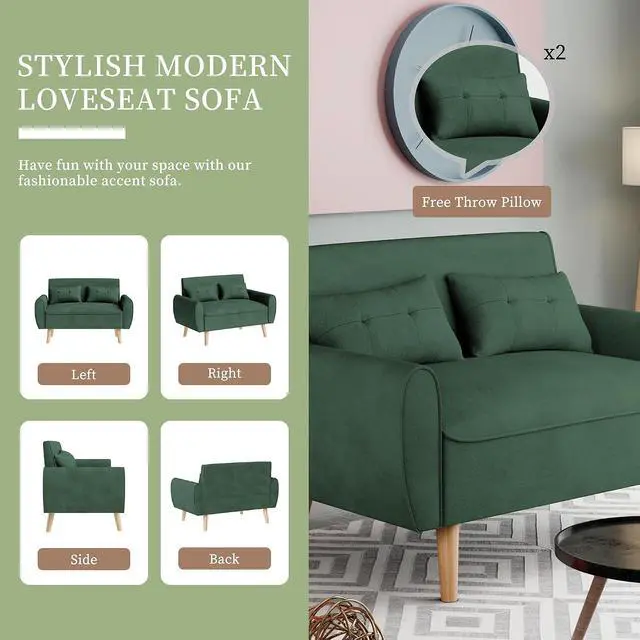 Alt view image 4 of 7 - 47" Small Modern Loveseat Sofa, Mid Century Linen Fabric 2-Seat Sofa Couch Tufted Love Seat with Back Cushions and Tapered Legs for Living Room, Bedroom and Small Space (Green)
