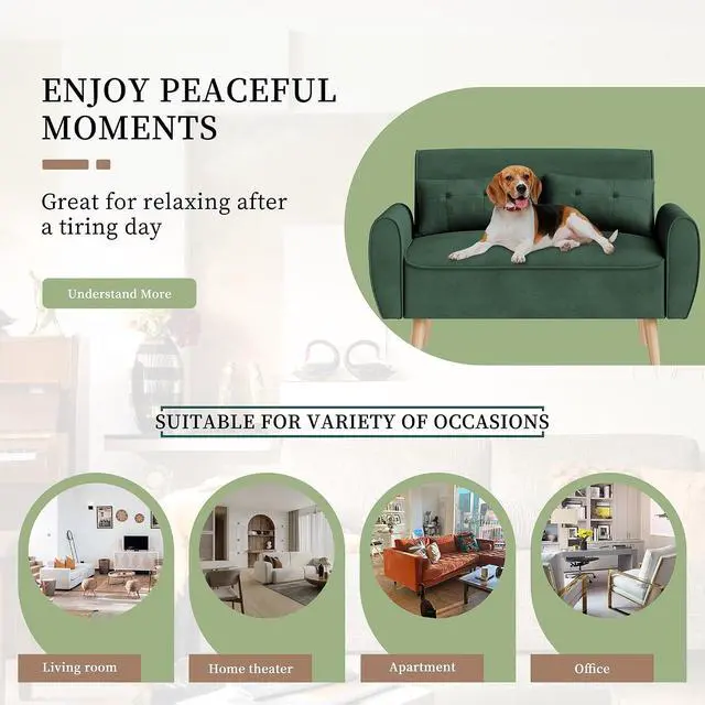 Alt view image 5 of 7 - 47" Small Modern Loveseat Sofa, Mid Century Linen Fabric 2-Seat Sofa Couch Tufted Love Seat with Back Cushions and Tapered Legs for Living Room, Bedroom and Small Space (Green)
