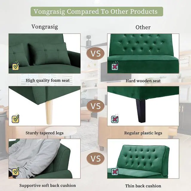 Alt view image 6 of 7 - 47" Small Modern Loveseat Sofa, Mid Century Linen Fabric 2-Seat Sofa Couch Tufted Love Seat with Back Cushions and Tapered Legs for Living Room, Bedroom and Small Space (Green)