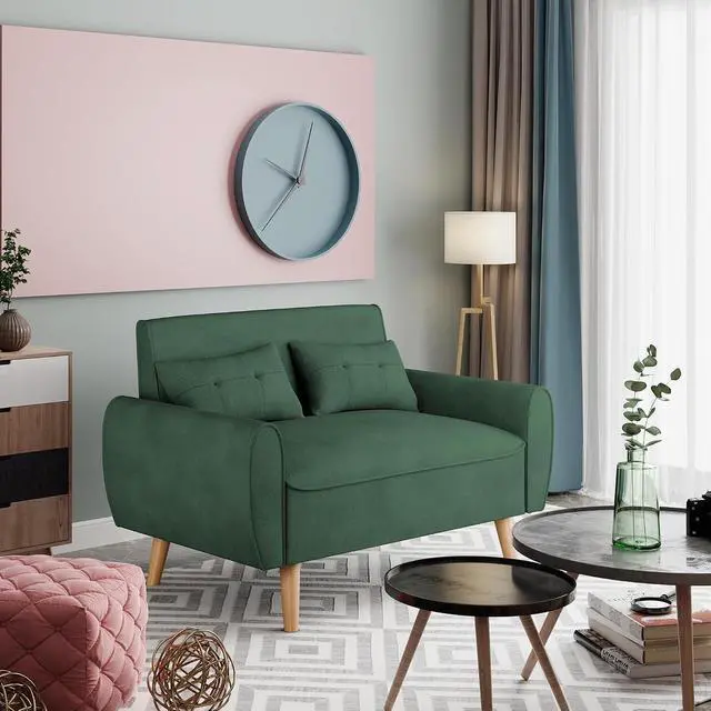Alt view image 7 of 7 - 47" Small Modern Loveseat Sofa, Mid Century Linen Fabric 2-Seat Sofa Couch Tufted Love Seat with Back Cushions and Tapered Legs for Living Room, Bedroom and Small Space (Green)