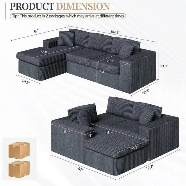 Alt view image 2 of 7 - 105" Boneless Couches for Living Room,Sectional Couches Modular Sofa with L-Shaped Chaise, Memory Foam Comfy Cloud Couch with Plush Corduroy Fabric, No Assembly Required, (Dark Grey)