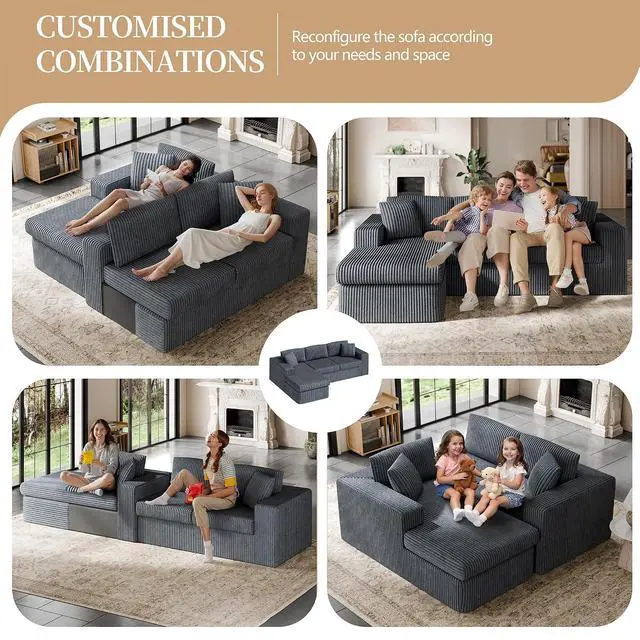 Alt view image 5 of 7 - 105" Boneless Couches for Living Room,Sectional Couches Modular Sofa with L-Shaped Chaise, Memory Foam Comfy Cloud Couch with Plush Corduroy Fabric, No Assembly Required, (Dark Grey)