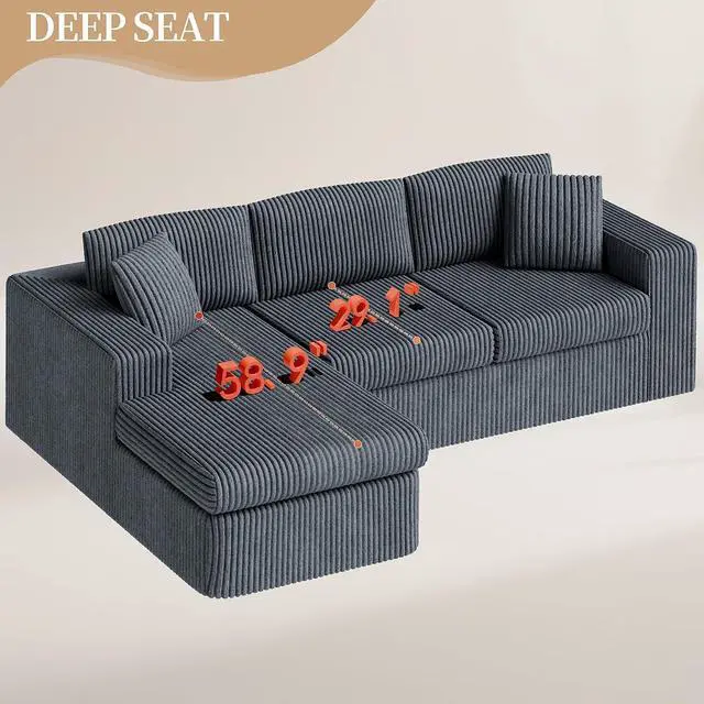 Alt view image 7 of 7 - 105" Boneless Couches for Living Room,Sectional Couches Modular Sofa with L-Shaped Chaise, Memory Foam Comfy Cloud Couch with Plush Corduroy Fabric, No Assembly Required, (Dark Grey)