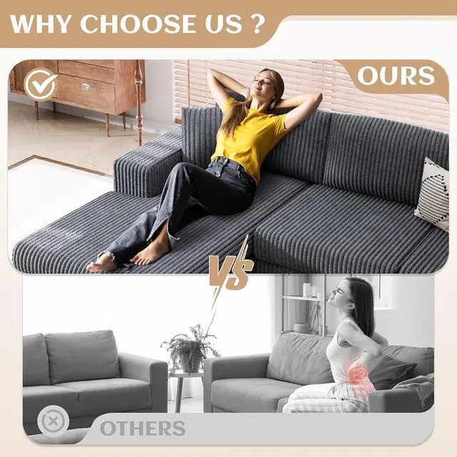 Alt view image 6 of 7 - 105" Boneless Couches for Living Room,Sectional Couches Modular Sofa with L-Shaped Chaise, Memory Foam Comfy Cloud Couch with Plush Corduroy Fabric, No Assembly Required, (Dark Grey)