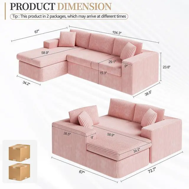 Alt view image 2 of 7 - 105" Boneless Couches for Living Room, Sectional Couches Modular Sofa with L-Shaped Chaise, Memory Foam Comfy Cloud Couch with Plush Corduroy Fabric, No Assembly Required, Pink