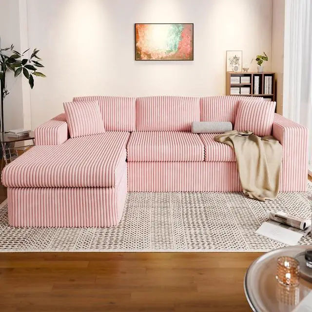Alt view image 3 of 7 - 105" Boneless Couches for Living Room, Sectional Couches Modular Sofa with L-Shaped Chaise, Memory Foam Comfy Cloud Couch with Plush Corduroy Fabric, No Assembly Required, Pink