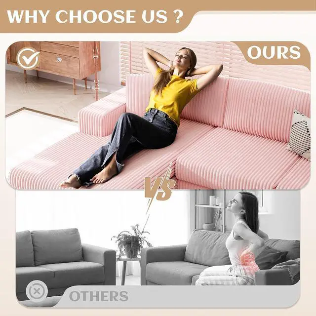 Alt view image 6 of 7 - 105" Boneless Couches for Living Room, Sectional Couches Modular Sofa with L-Shaped Chaise, Memory Foam Comfy Cloud Couch with Plush Corduroy Fabric, No Assembly Required, Pink