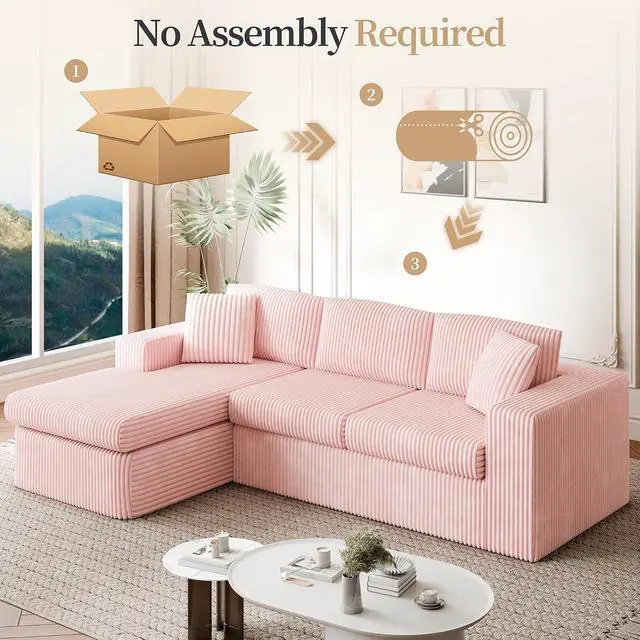Alt view image 7 of 7 - 105" Boneless Couches for Living Room, Sectional Couches Modular Sofa with L-Shaped Chaise, Memory Foam Comfy Cloud Couch with Plush Corduroy Fabric, No Assembly Required, Pink